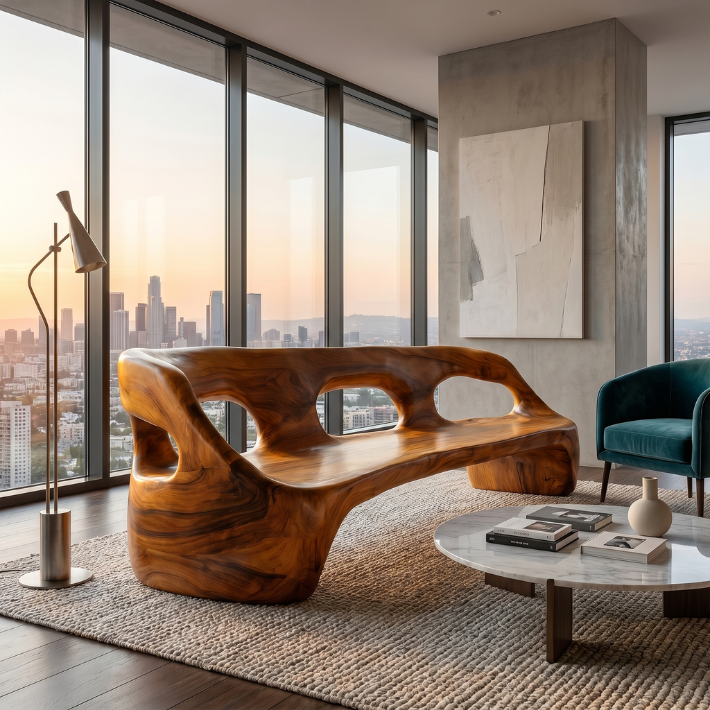 Contemporary Sculptural Sofa Frame, Curved Solid Wood Couch Frame for Modern Living Room Decor