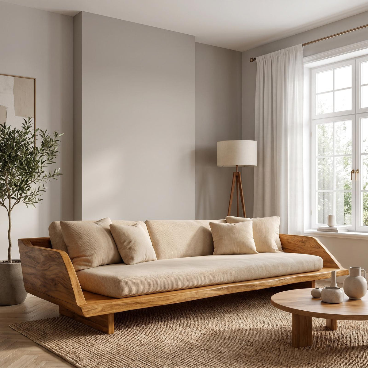 Handcrafted Sofa Frame With Sculptural Wooden Base For Living Room