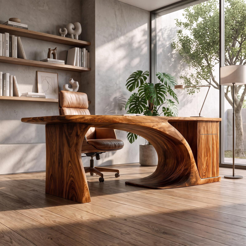 Modern Sculptural Desk With Curved Base And Storage For Home Office