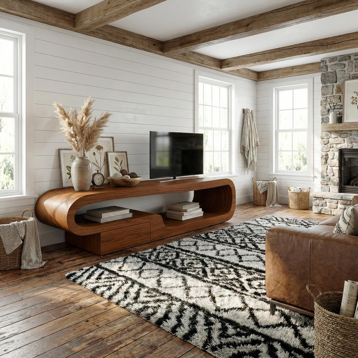 Scandinavian TV Cabinet, Solid Wood Low Profile Media Console Table, Modern Living Room TV Stand Unit