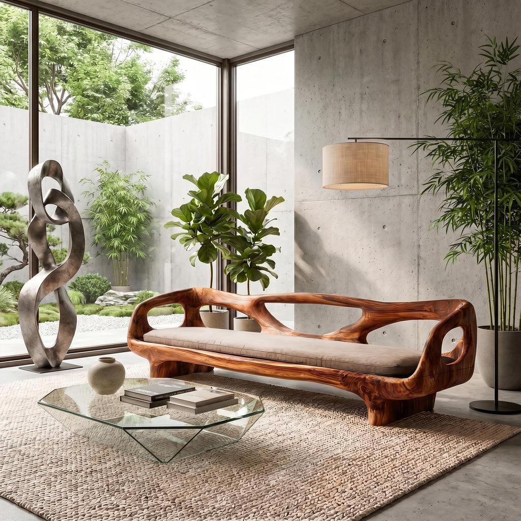 Organic Sculptural Sofa Frame, Curved Open Arm Solid Wood Couch Frame for Living Room