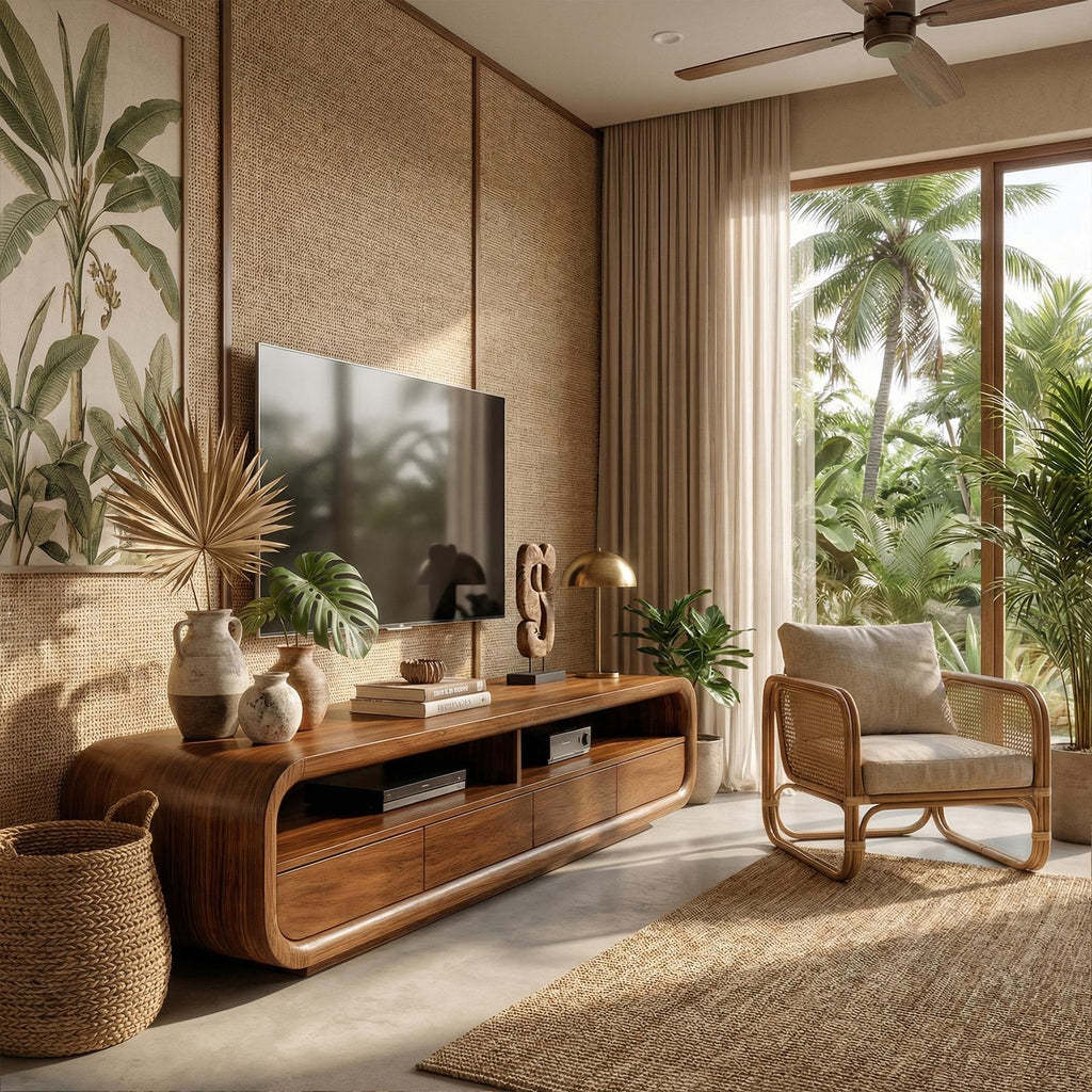 Rustic TV Cabinet, Solid Wood Media Console credenza with Storage Cabinets for Living Room