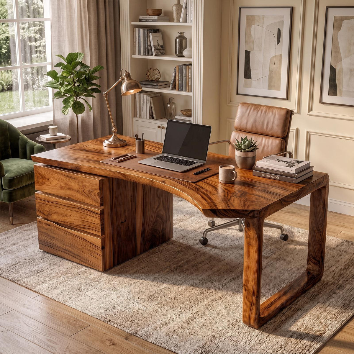 Mid Century Office Desk, Solid Wood Executive Computer Desk for Home Office & Workspace