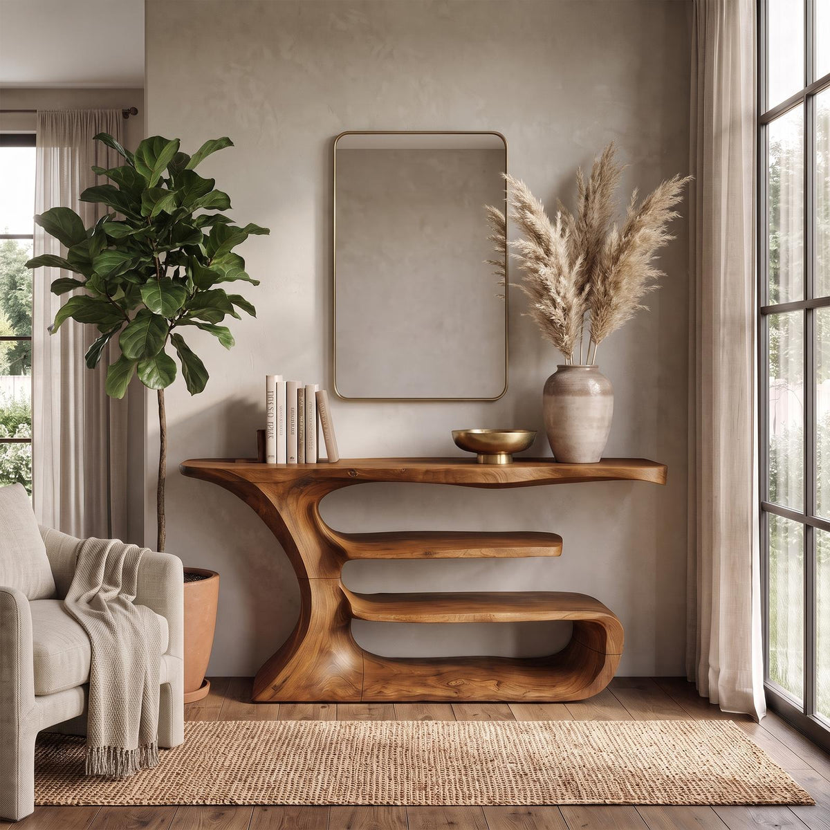 Sculptural Console Table, Solid Wood Artistic Accent Sofa Table for Elegant Living Room & Foyer