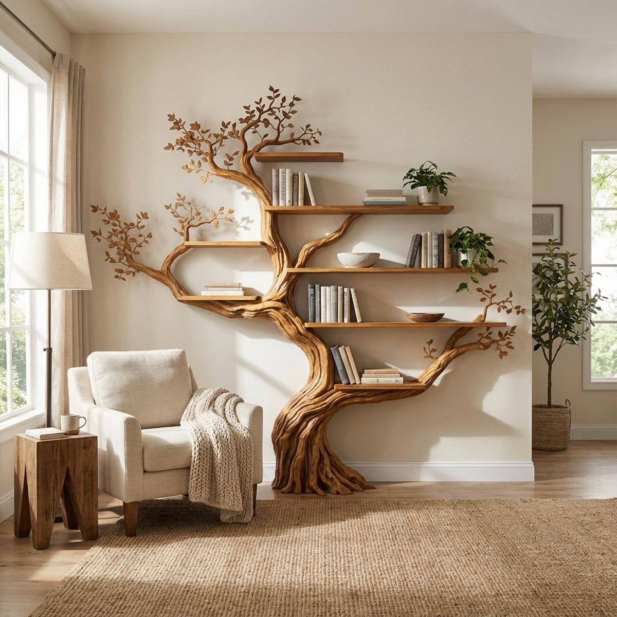 Modern Organic Tree Bookshelf, Flowing Sculptural Solid Wood Wall Mounted Floating Branch Bookcase for Living Room