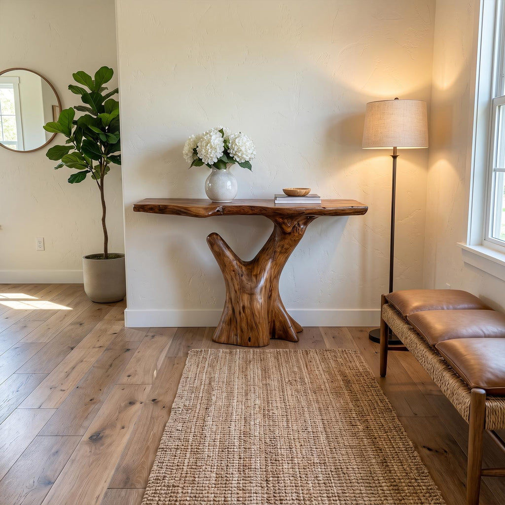 Rustic Sculptural Console Table, Natural Solid Wood Accent Sofa Table for Living Room & Foyer