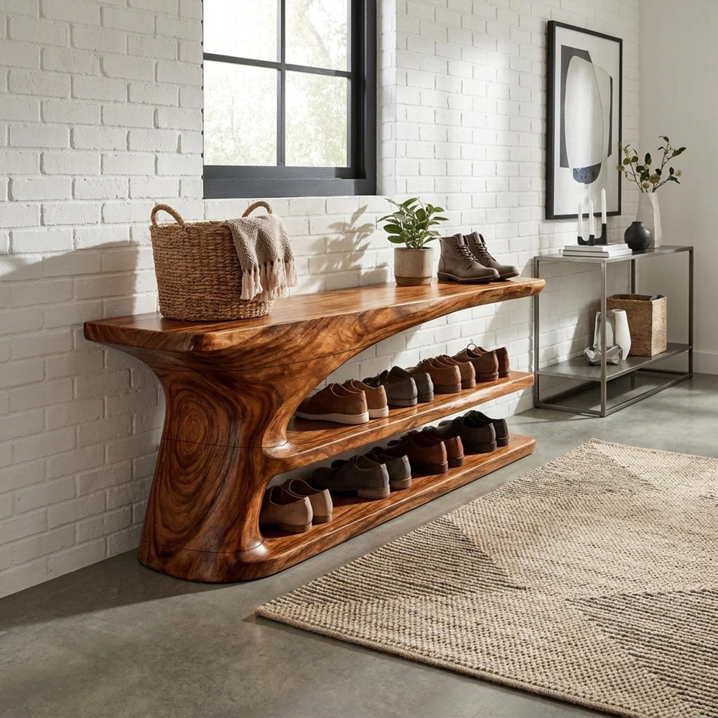 Mid Century Natural Wood Shoe Storage Bench Hallway
