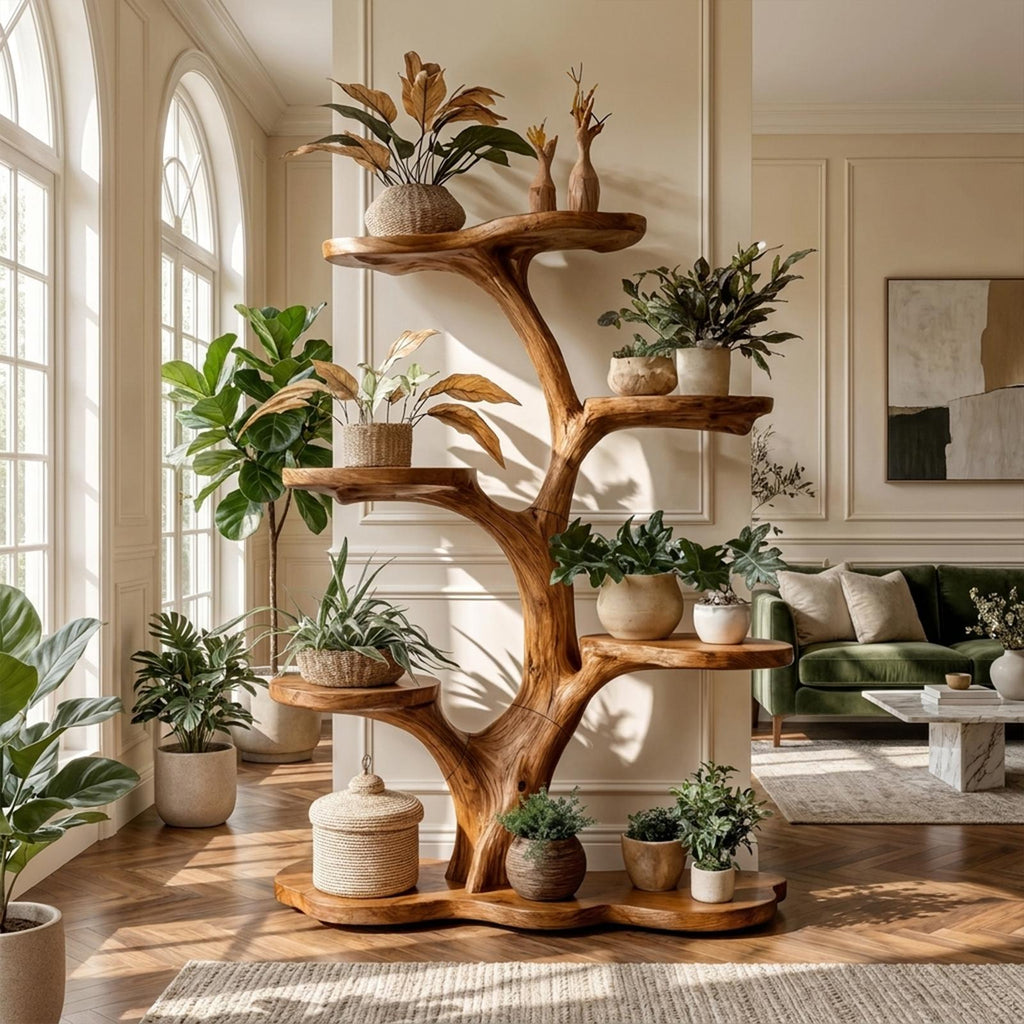 Rustic Tree Plant Shelf Indoor Green Display Living Room