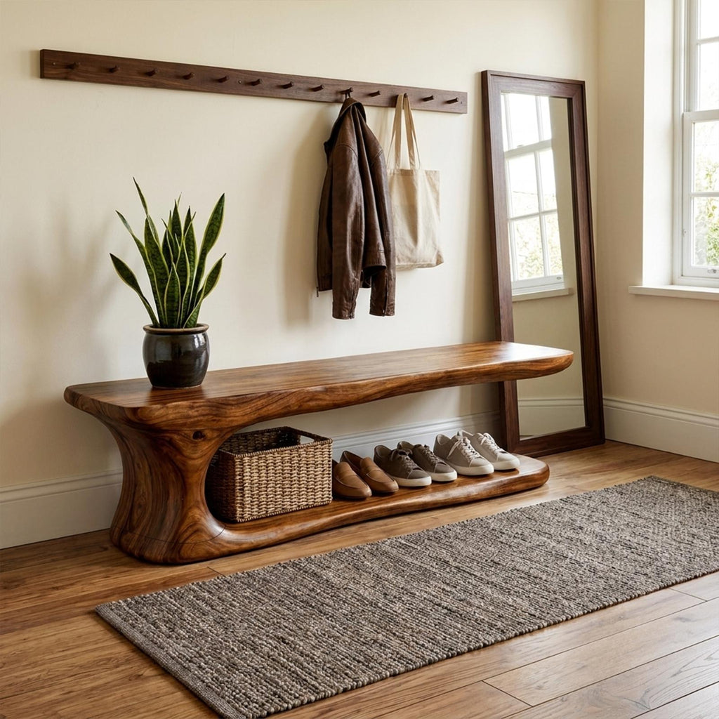 Rustic Natural Edge Wooden Shoe Bench Entry Hall