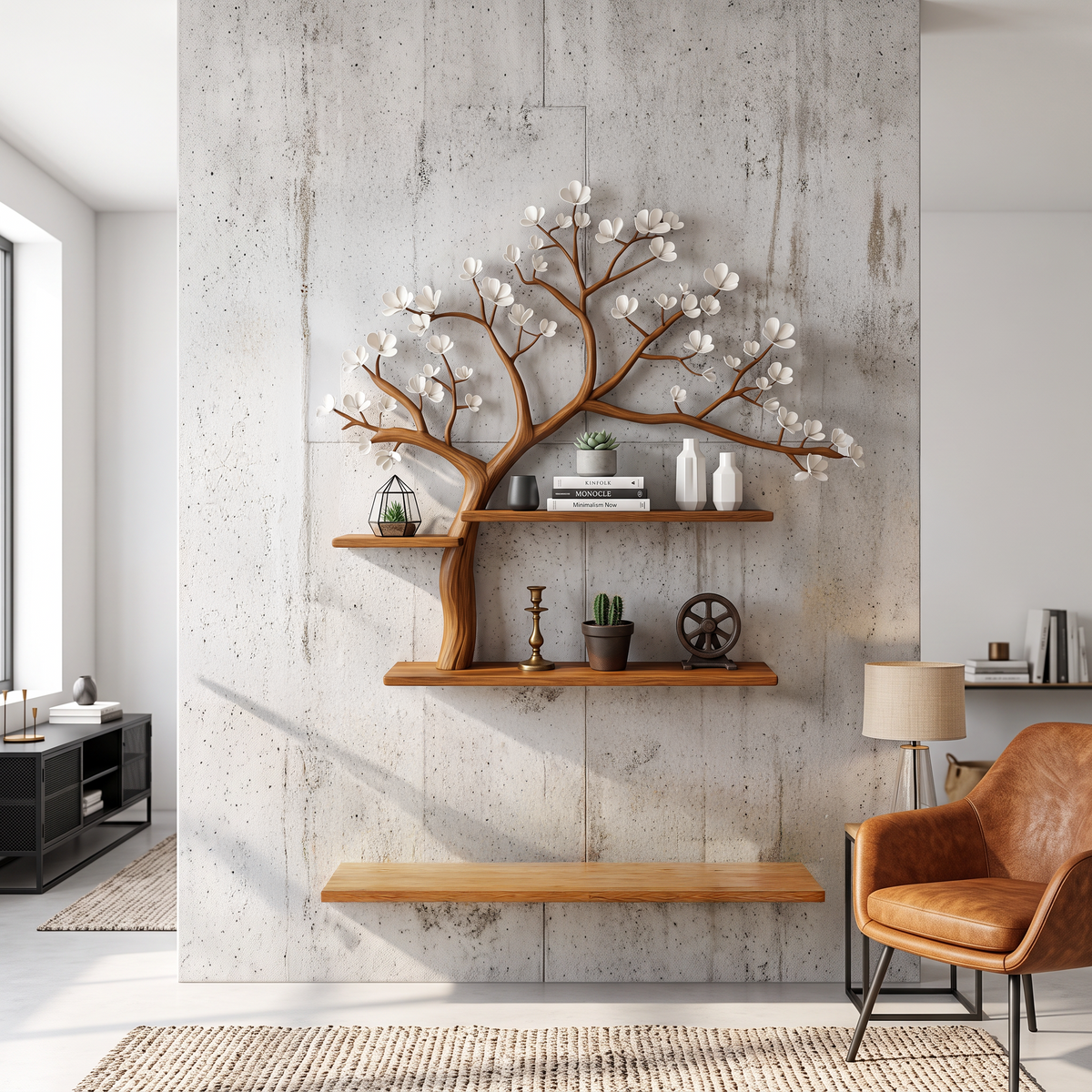 Rustic Tree Shelf Wall Living Room