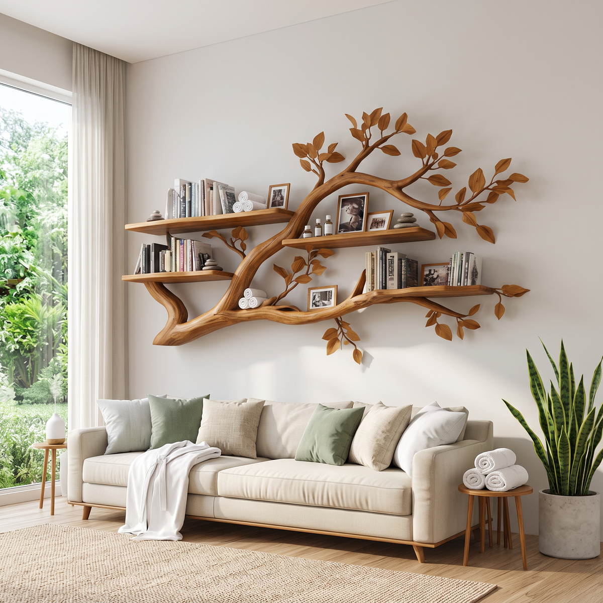Rustic Wall Mounted Branch Bookshelf, Solid Wood Hanging Floating Bookcase & Decorative Display for Living Room Storage