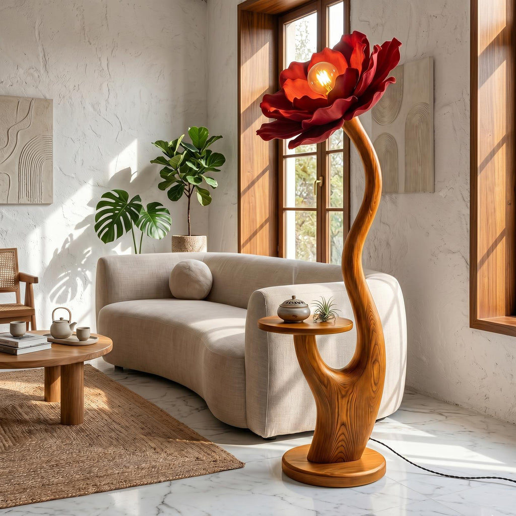 Organic Floor Lamp With Built In Bedside Table And Flower Shade For Living Room