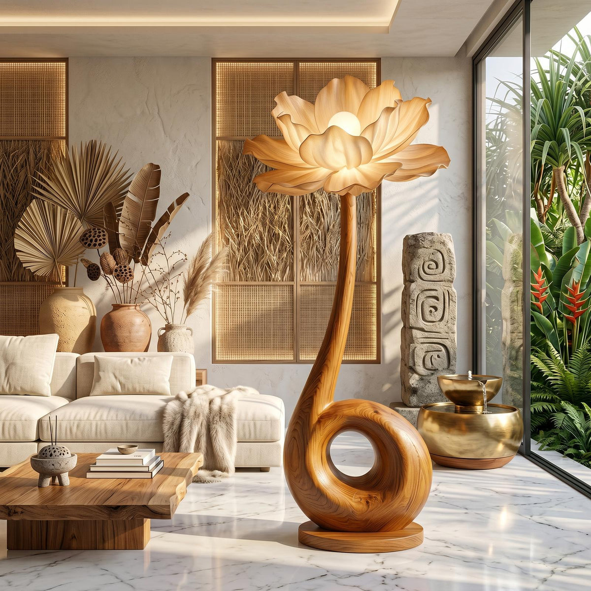 Modern Floor Lamp With Sculptural Loop Base And Floral Shade For Living Room