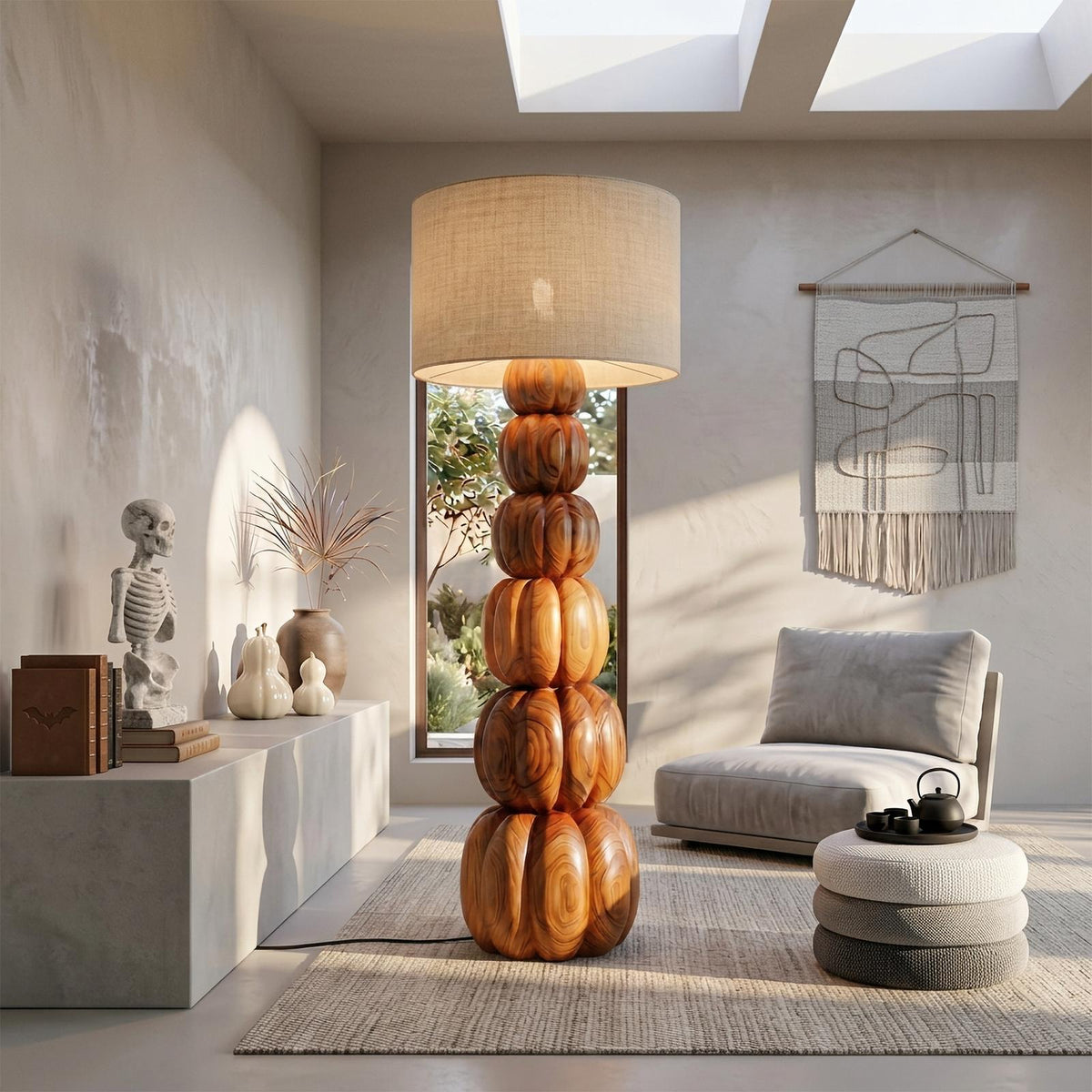 Rustic Floor Lamp With Stacked Pumpkin Wood Base For Living Room