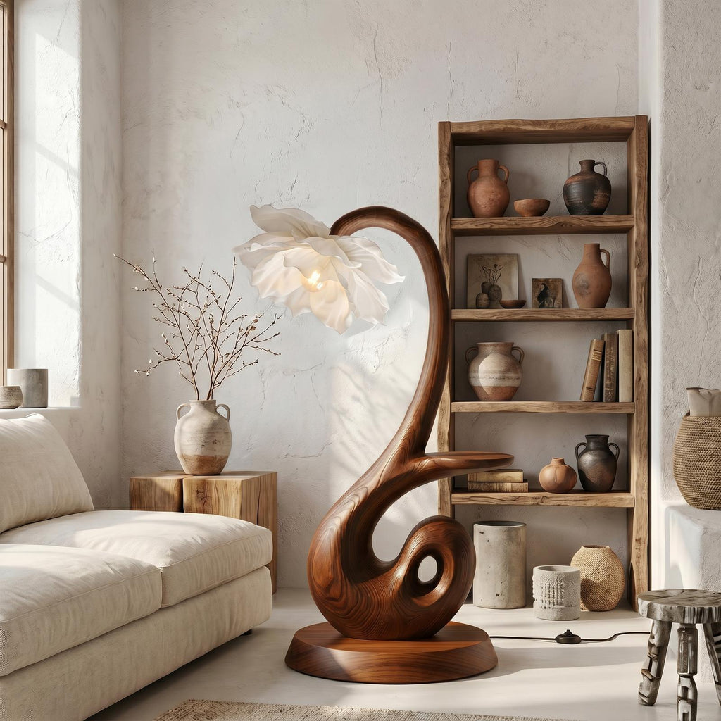 Nature Inspired Floor Lamp With Blooming Flower Shade And Display Shelf For Reading Nook