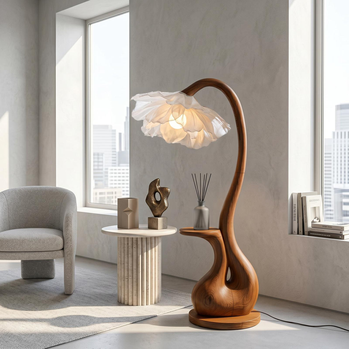 Modern Floor Lamp With Sculptural Curved Base And Display Shelf For Living Room