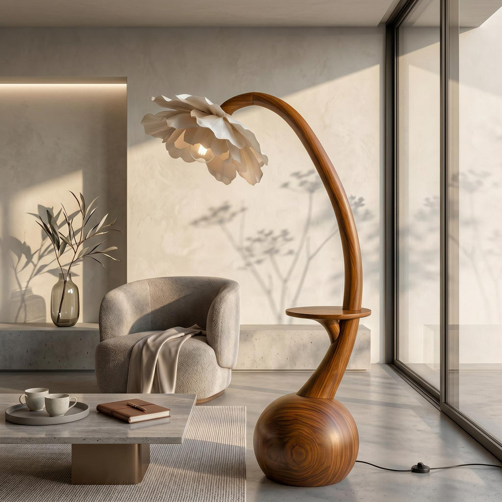 Sculptural Floor Lamp With Built In Shelf And Floral Shade For Living Room