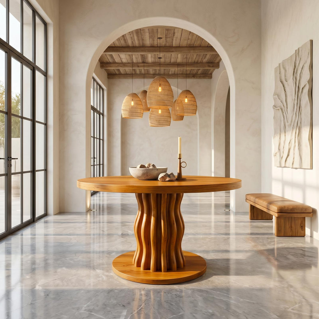 Contemporary Round Entryway Table With Wavy Vertical Form For Foyer And Living Room