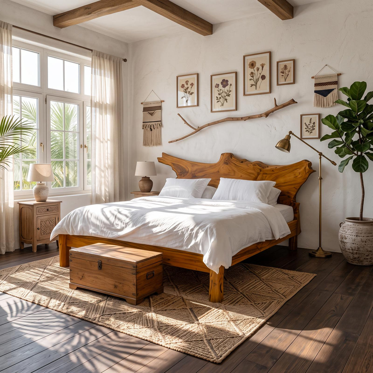 Spry Interior Rustic Live Edge Wood Bed Frame, Solid Timber Slab Headboard & Platform Bed, Coastal Modern Bedroom Furniture SINLSAWB064