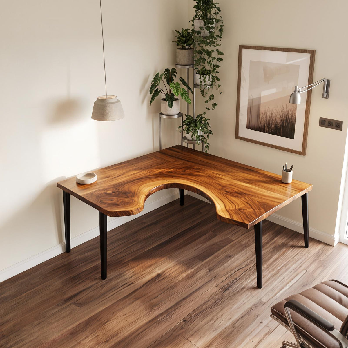 Organic Contemporary Corner Work Desk, L-Shaped Solid Wood Writing Computer Table for Home Office & Study Room