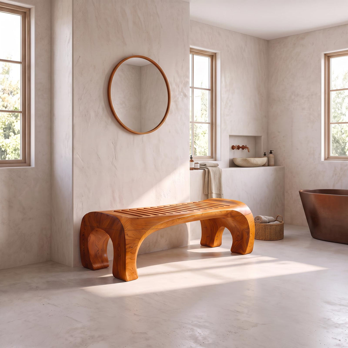 Japandi Bath Bench With Slatted Seat And Balanced Minimal Form