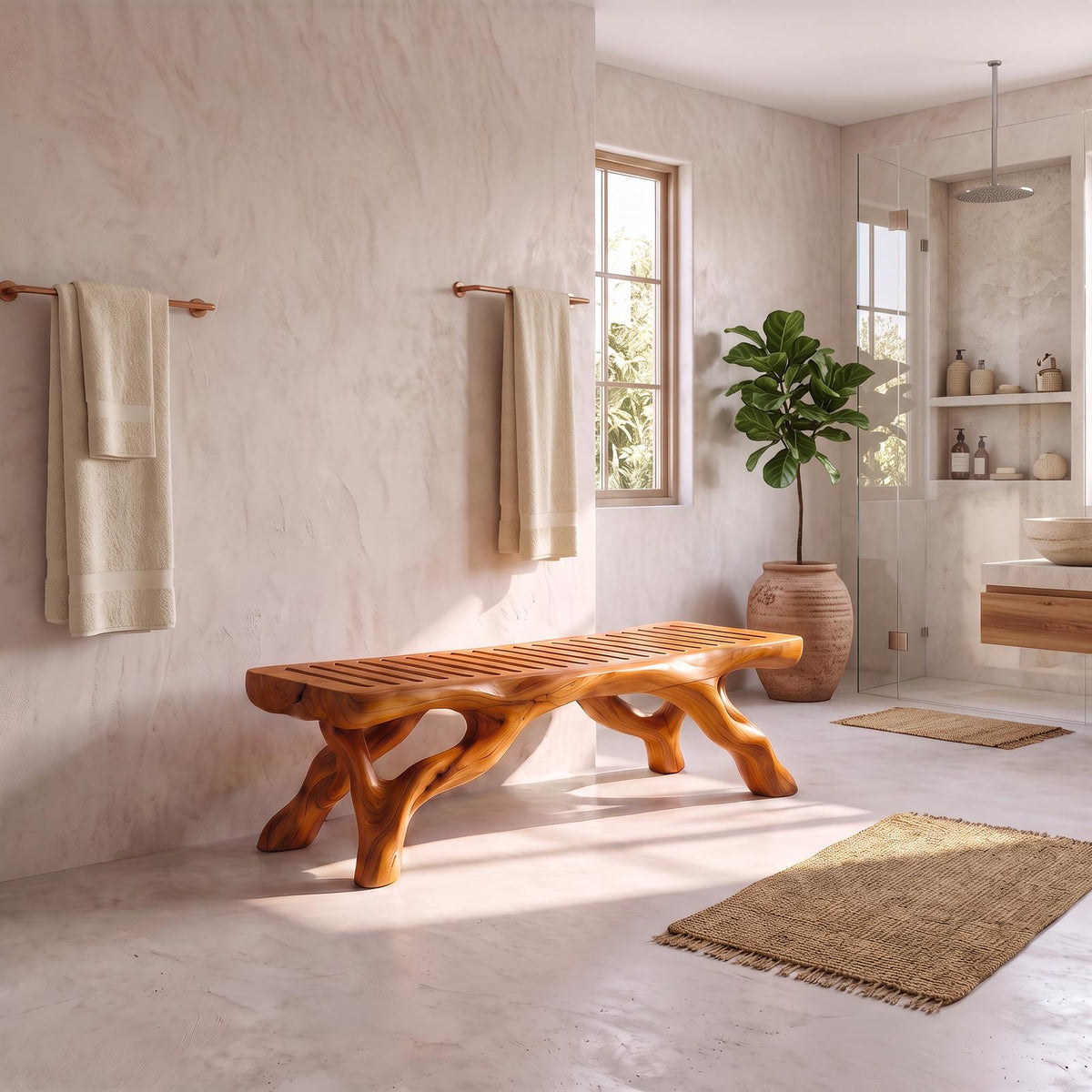 Organic Bathroom Bench With Branch Inspired Sculptural Legs For Bathroom