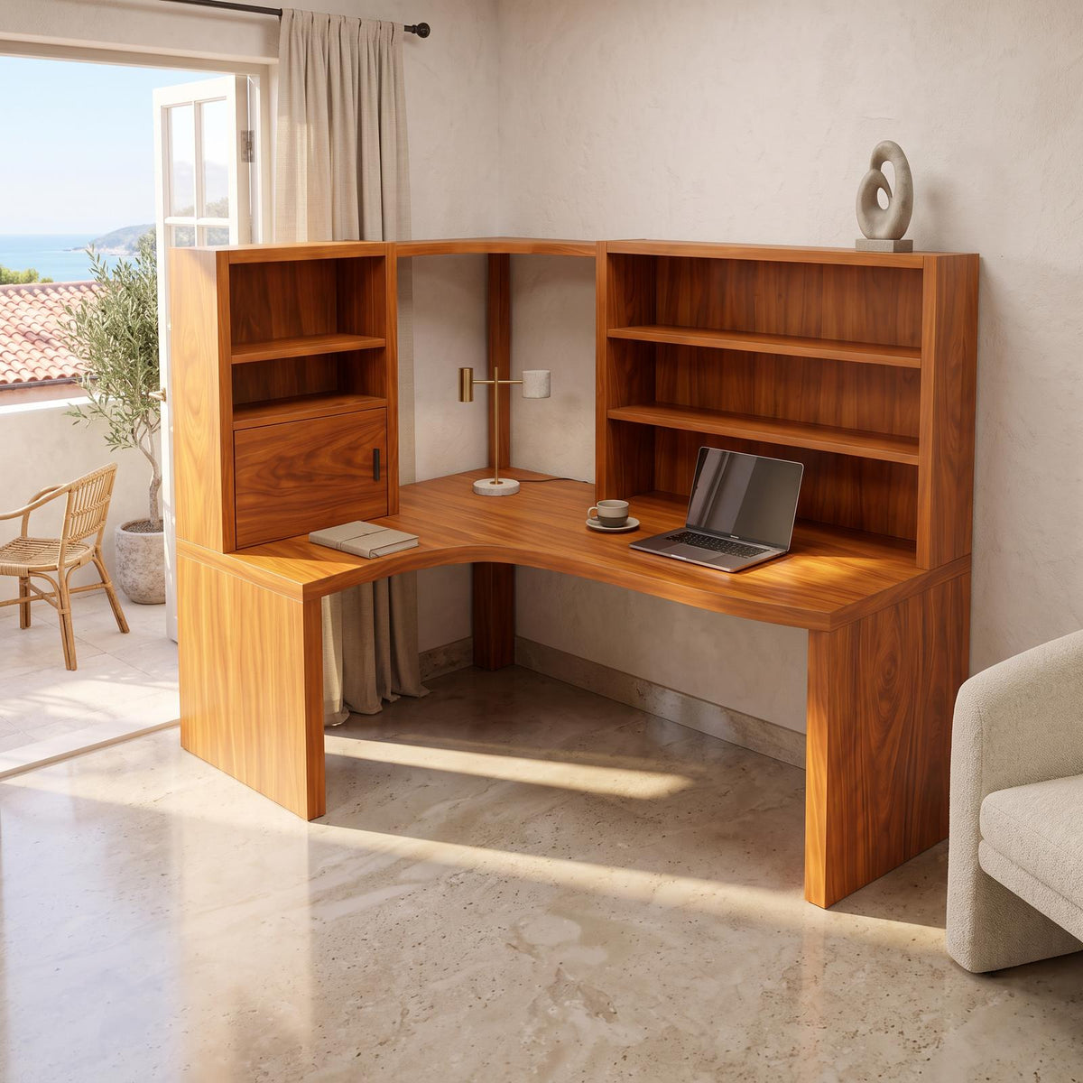 Contemporary Corner Desk With Built In Bookcase For Workspace