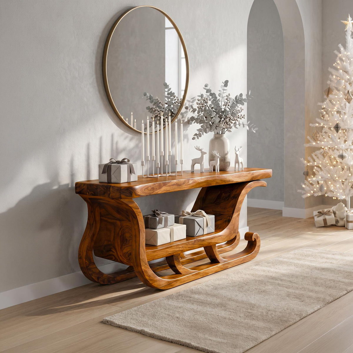 Organic Modern Console Table With Christmas Sleigh Inspired Design For Entryway And Living Room SINLSACS681
