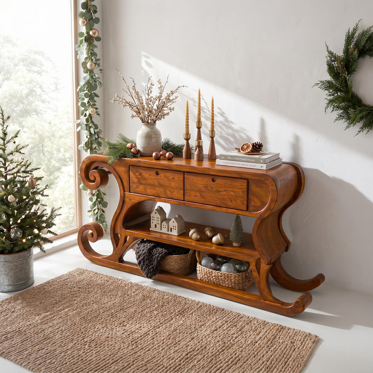 Rustic Christmas Console Table With Sleigh Inspired Scroll Design For Entryway SINLSACS684