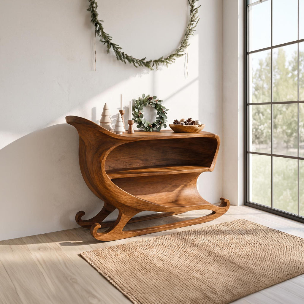 Farmhouse Christmas Console Table With Sleigh Inspired Scroll Design For Entryway And Living Room