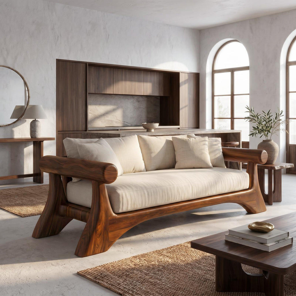 Minimalist Sofa Frame With Curved Solid Wood Arms For Living Room