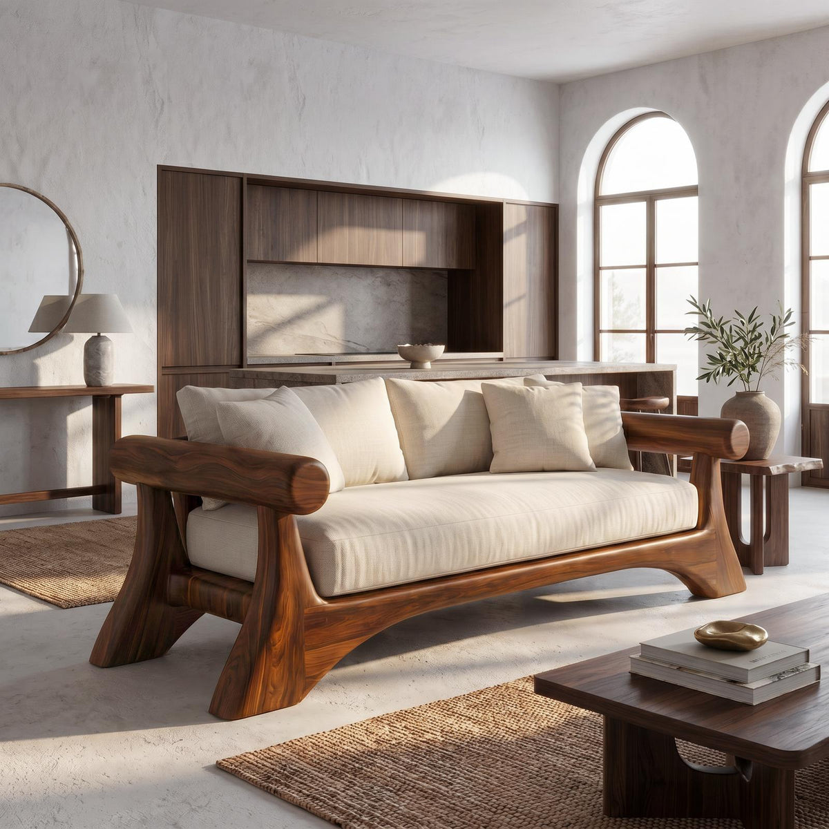 Minimalist Sofa Frame With Curved Solid Wood Arms For Living Room