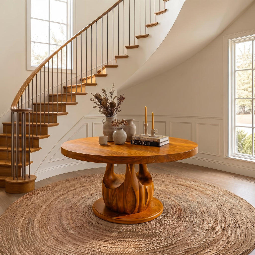 Modern Round Entryway Foyer Table, Solid Wood Unique Sculptural Base Accent Table for Hallway
