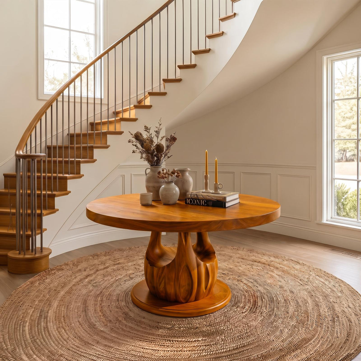 Modern Round Entryway Foyer Table, Solid Wood Unique Sculptural Base Accent Table for Hallway