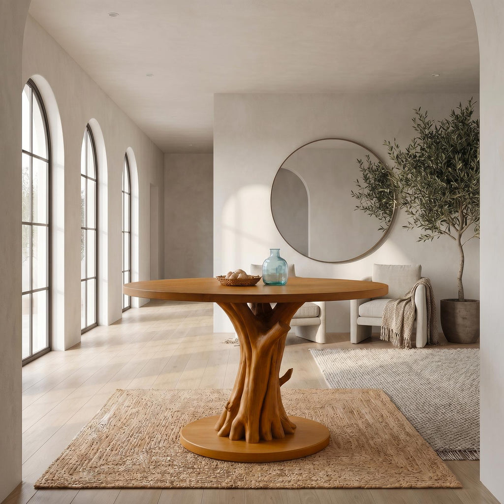 Organic Tree Base Round Entryway Table, Solid Wood Pedestal Foyer Table for Living Room, Hallway