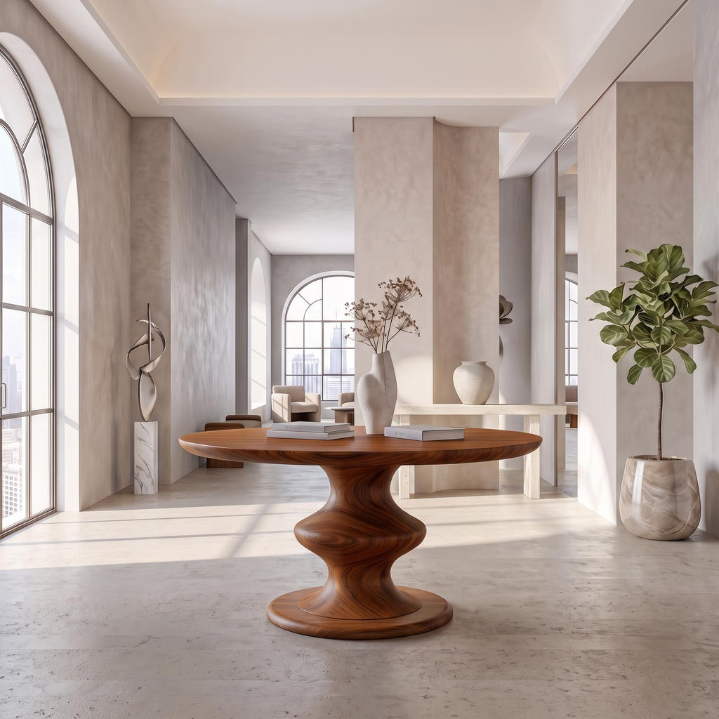 Contemporary Round Foyer Table, Turned Solid Wood Pedestal Entryway & Accent Hallway Table