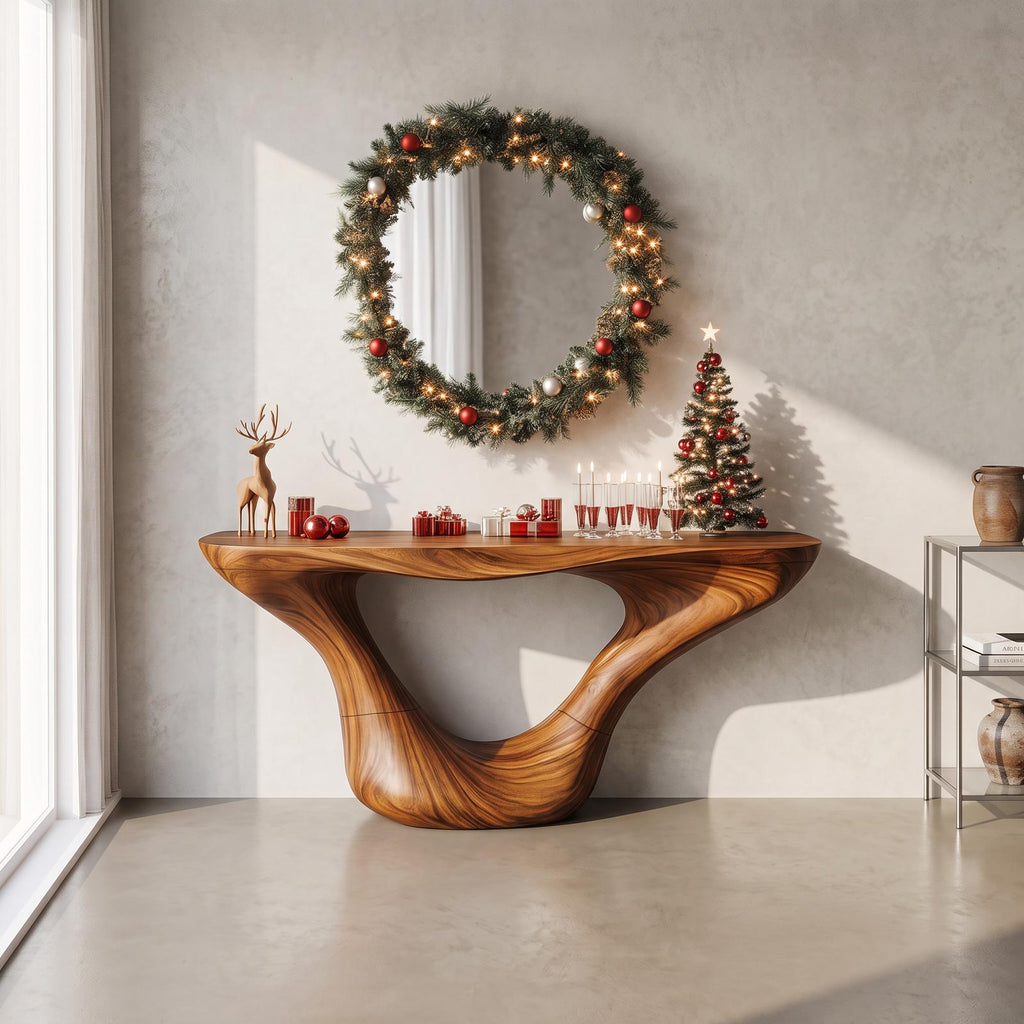 Mid-Century Solid Wood Console Table, Handcrafted Live Edge Entryway Sofa Table & Living Room Credenza