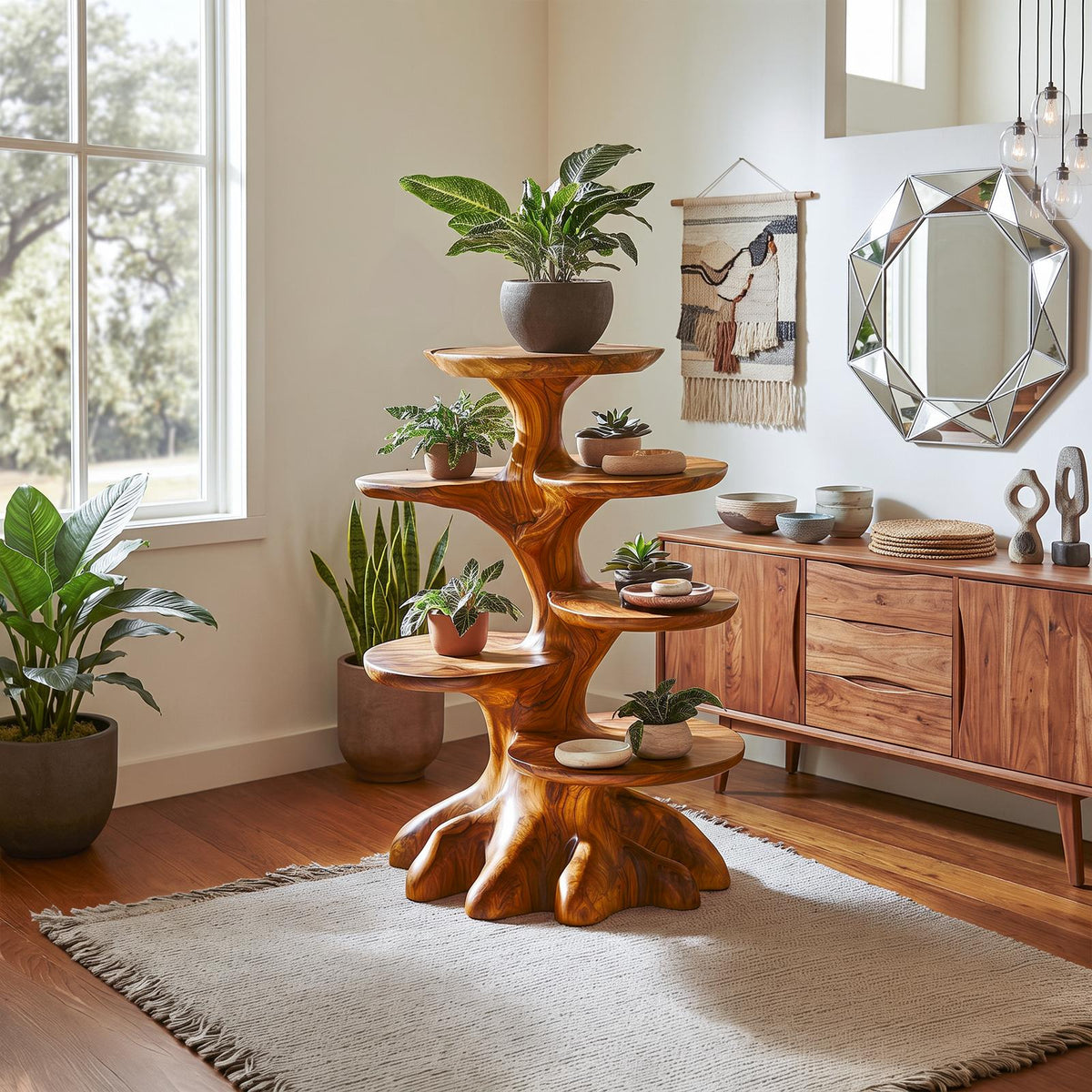 Rustic Indoor Plant Stand With Tree Stump Form For Sunroom And Patio SINLSAPT031