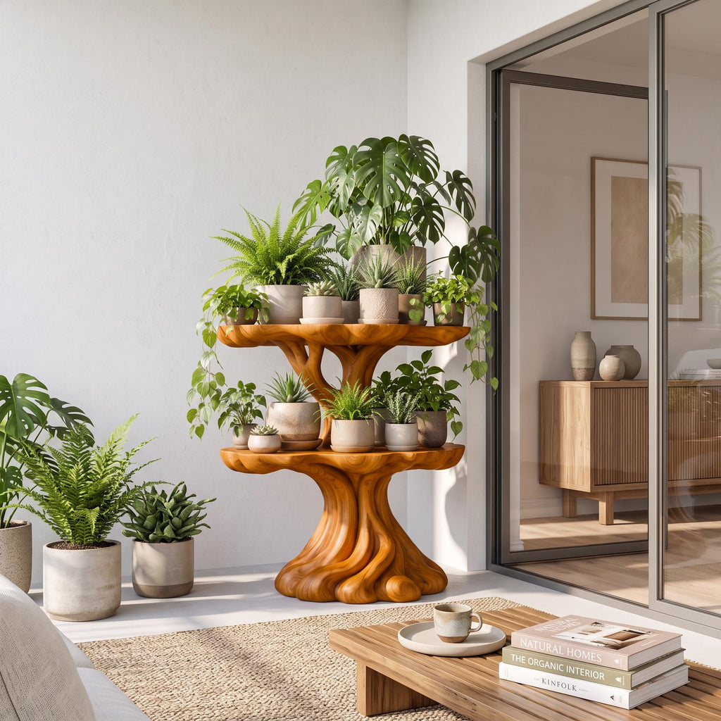 Contemporary Tiered Plant Shelf With Organic Branch Design For Living Room And Entryway SINLSAPT014