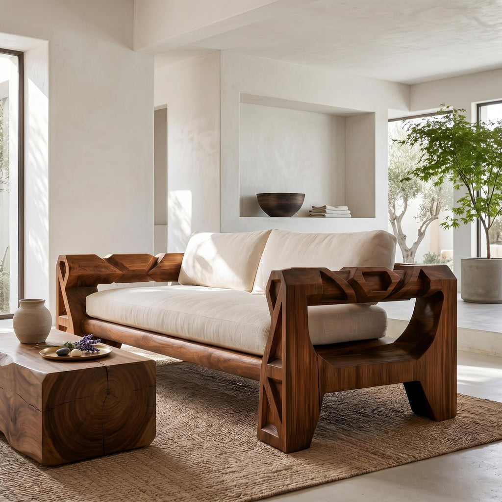 Handcrafted Sofa Frame With Sculptural Wood Armrests For Living Room
