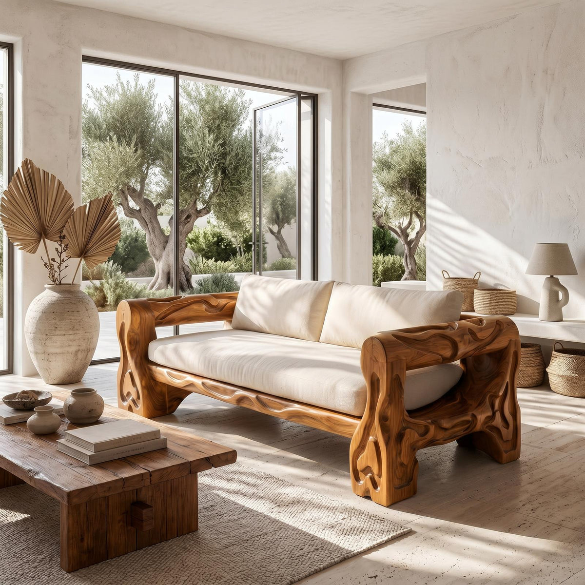 Organic Sofa Frame With Sculptural Open Loop Armrests For Living Room