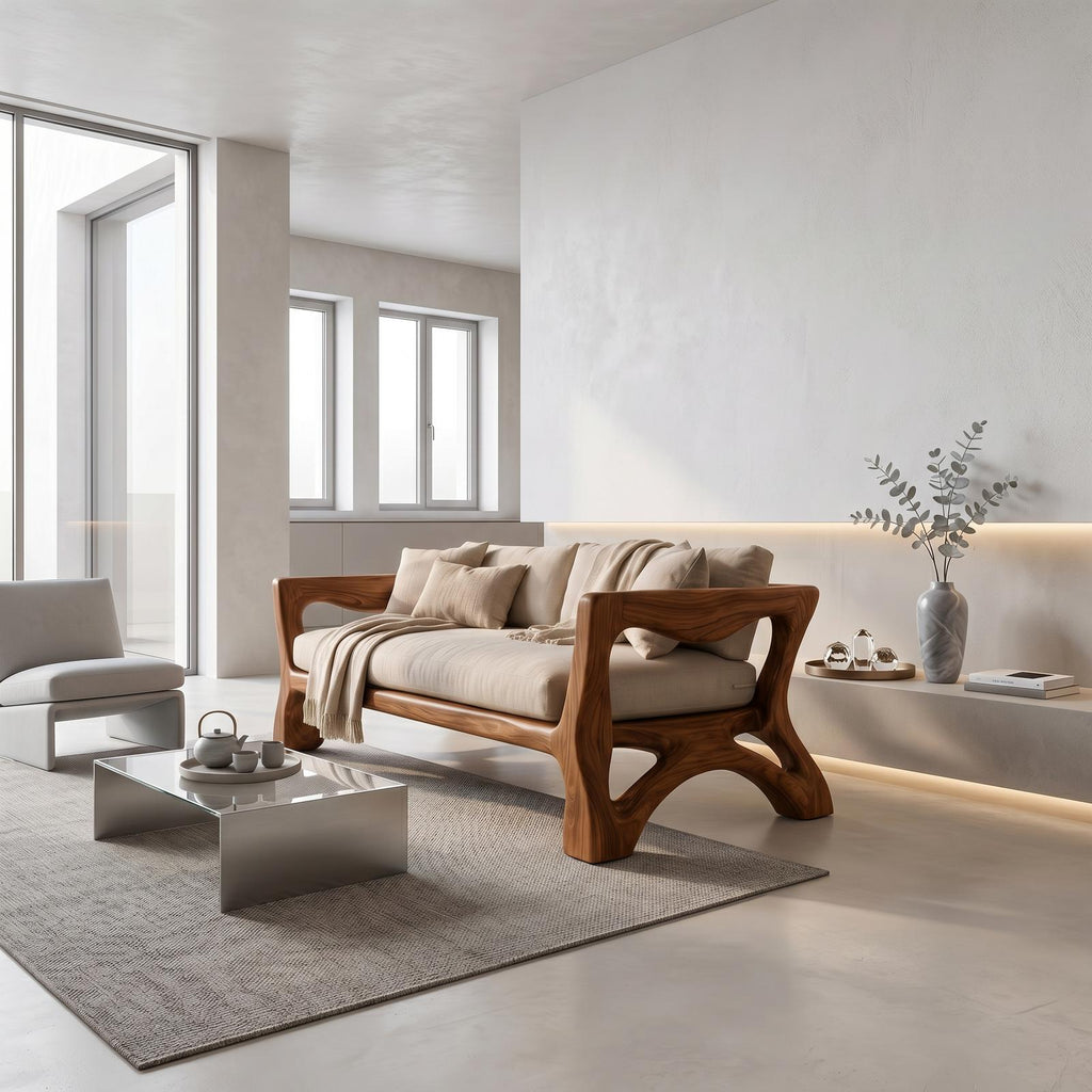 Sculptural Sofa Frame With Solid Wood Armrests For Living Room