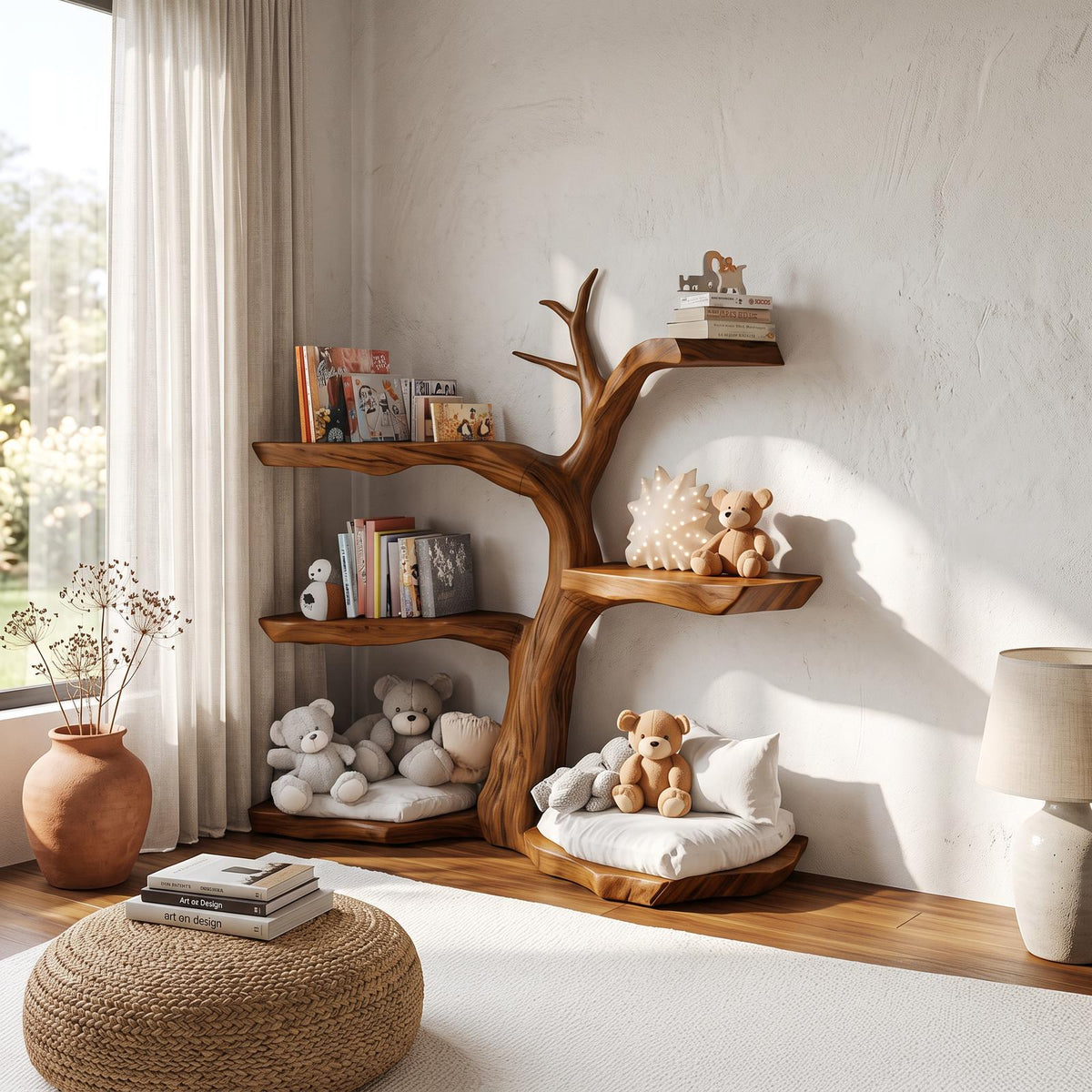 Rustic Corner Tree Bookshelf, Solid Wood Kids Bedroom Wall Hanging Bookcase & Toy Storage Organizer Shelf