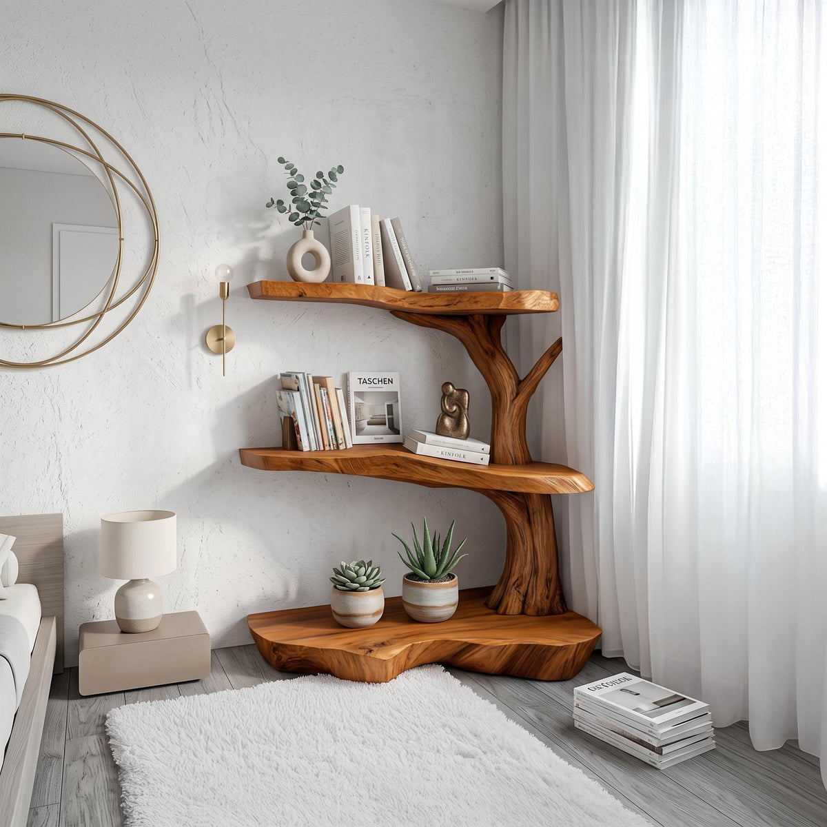 Spry Interior Rustic Corner Tree Bookshelf, Solid Wood Kids Bedroom Wall Mounted Bookcase & Floating Toy Storage Organizer Shelf - SINLSATB312