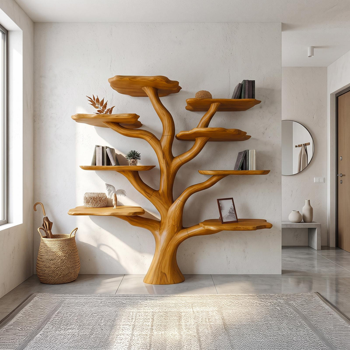 Rustic Mushroom Branch Bookshelf, Solid Wood Wall Mounted Bookcase & Floating Display Shelf for Living Room or Dining Room