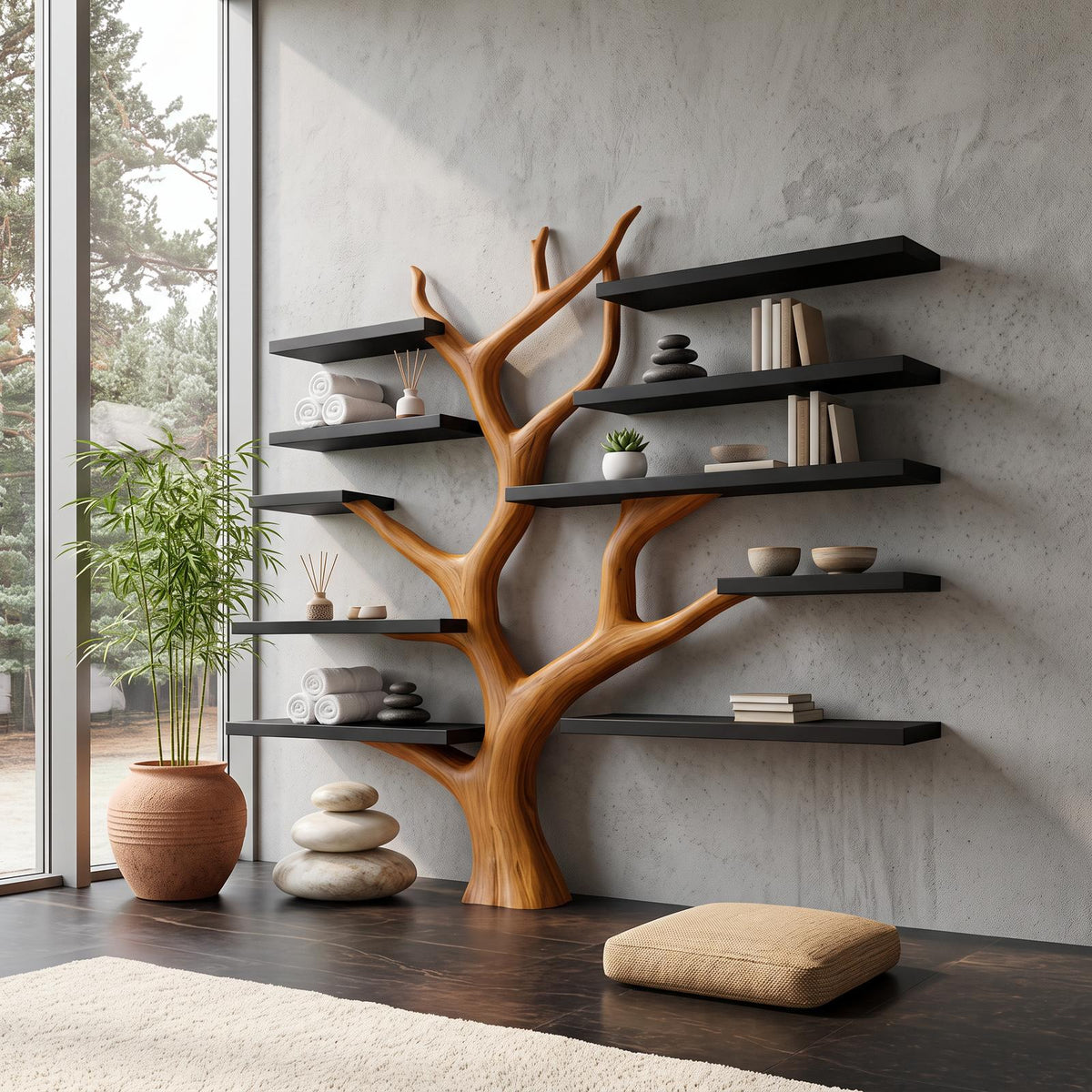 Rustic Tree Bookshelf, Solid Wood Wall Mounted Bookcase & Cozy Floating Storage Shelf for Bedroom or Living Room Decor