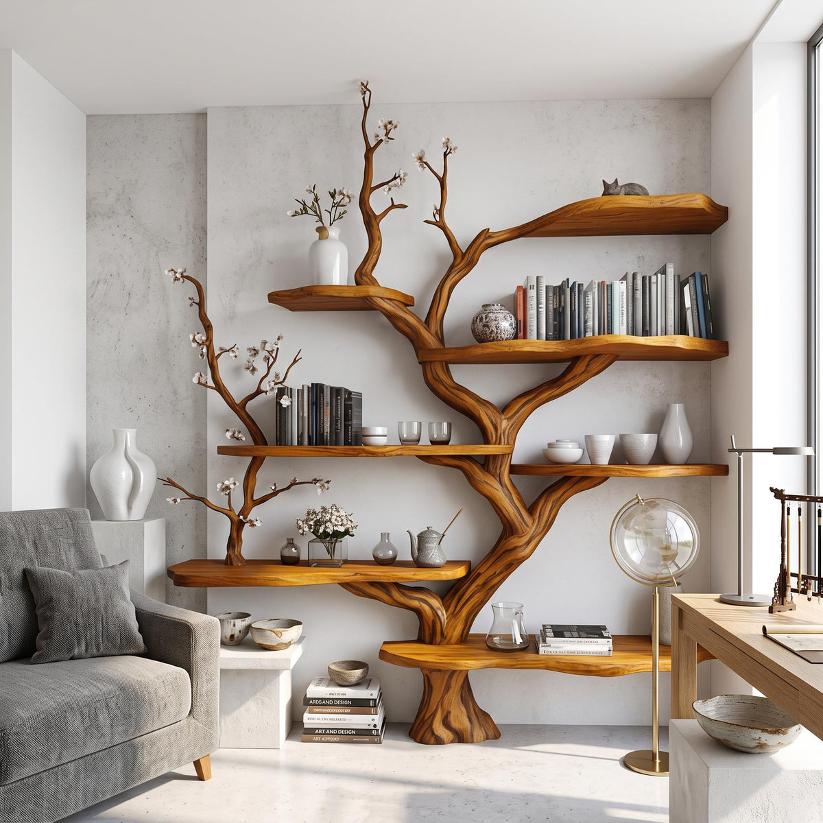 Sculptural Branch Bookcase, Solid Wood Tree Display Shelf for Living Room Interior Alcove Wall Decor