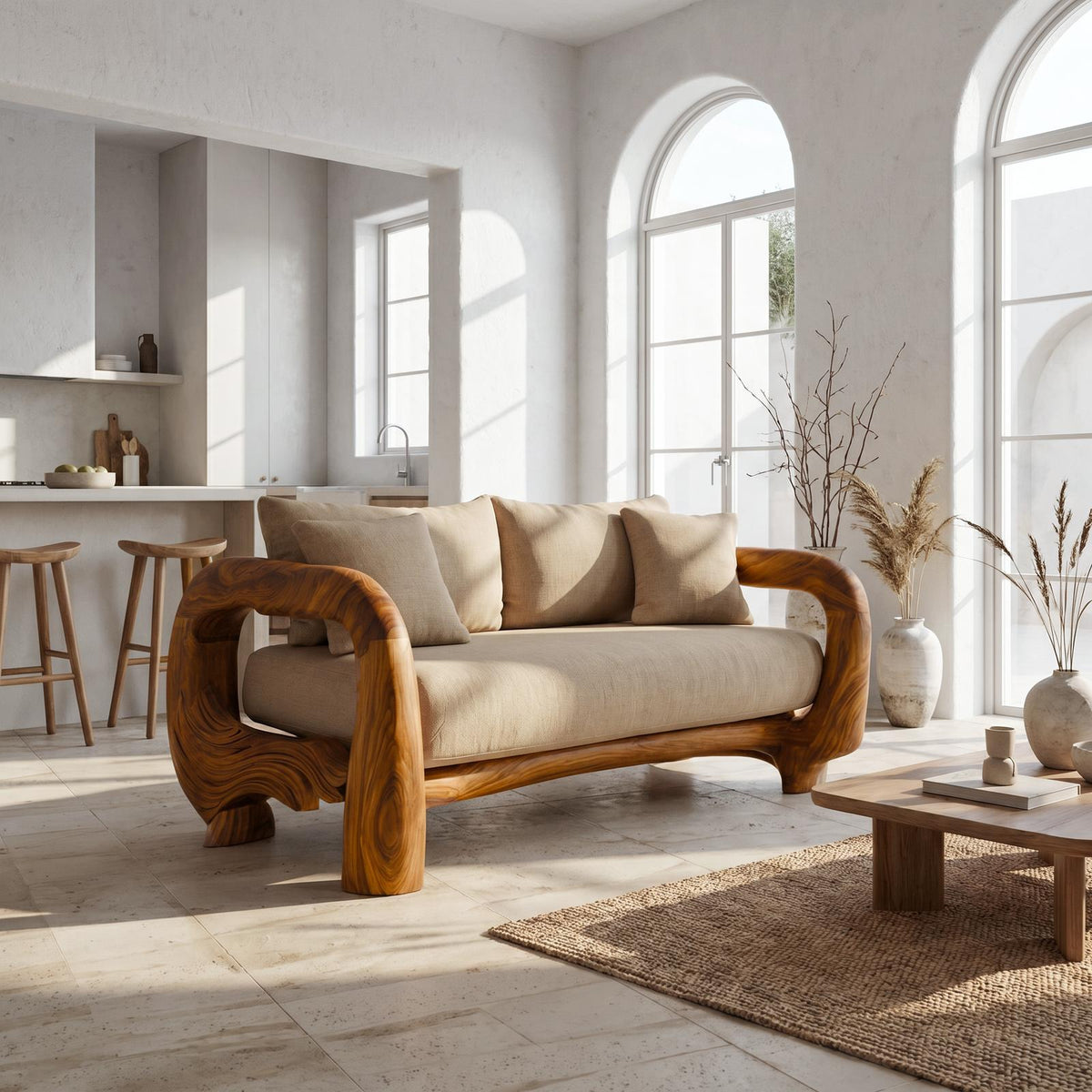 Contemporary Lounge Sofa Frame With Sculptural Wooden Base For Living Room