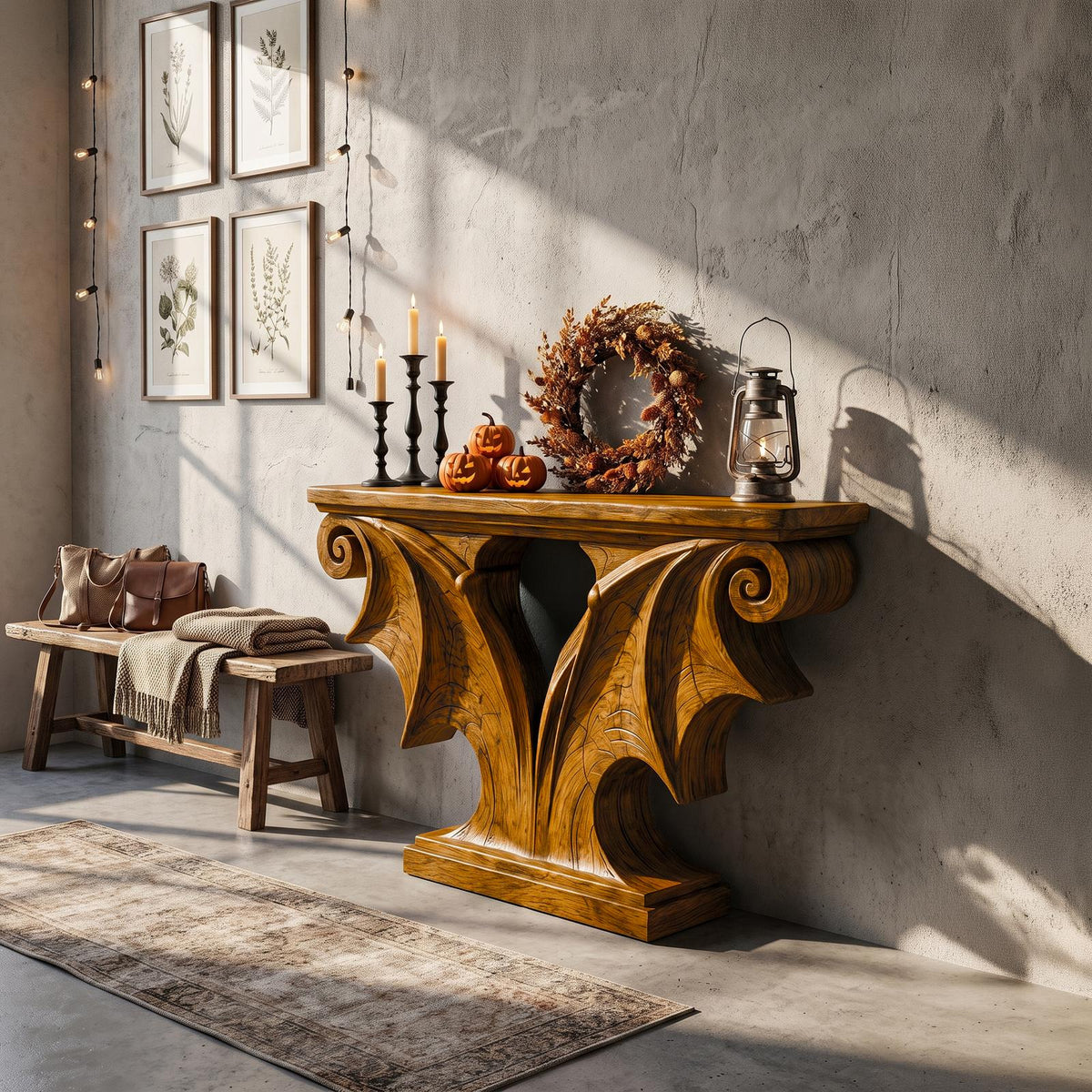 Rustic Halloween Console Table With Sculptural Bat Wing Design For Entryway And Living Room