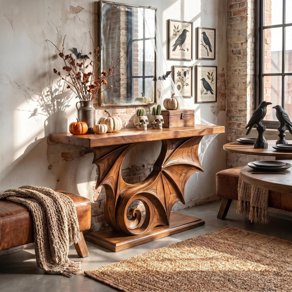 Gothic Halloween Console Table With Sculptural Bat Design For Entryway And Hallway